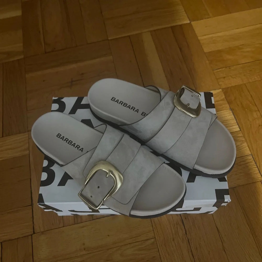 Barbara Bui Gray Slide Sandals with Gold Buckle